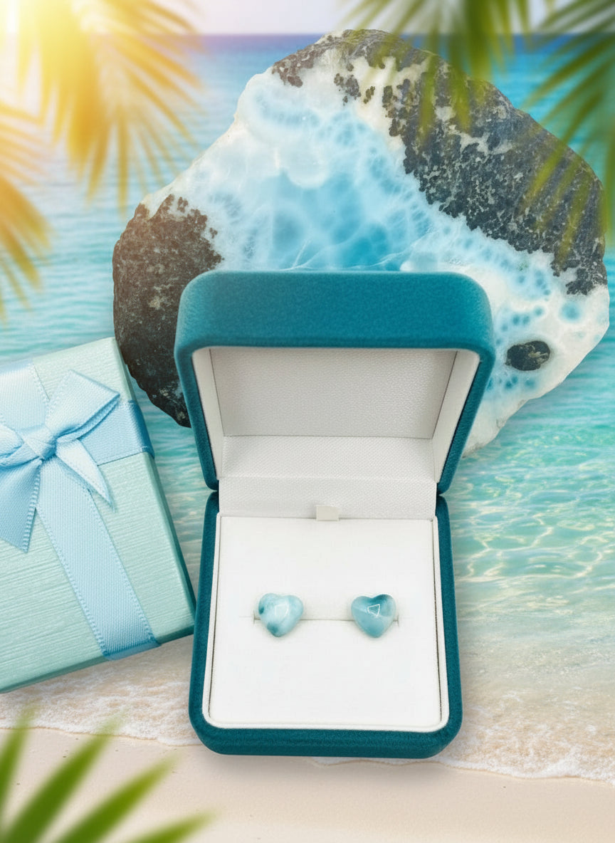 Pendientes de corazón de larimar en plata de ley 925 - Regalo para mujer