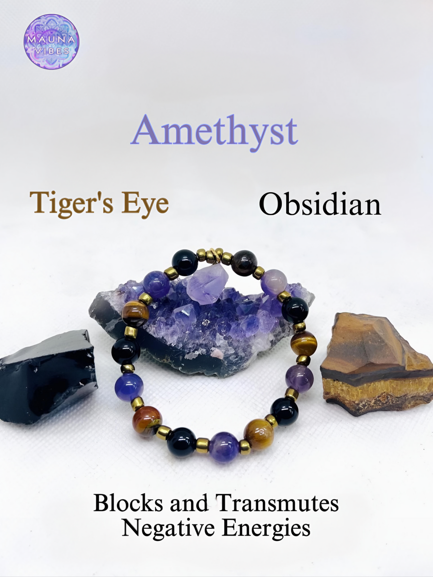 Protection and Strength Bracelet – Tiger’s Eye, Obsidian & Amethyst for Him and Her | Energy, Focus -Balance