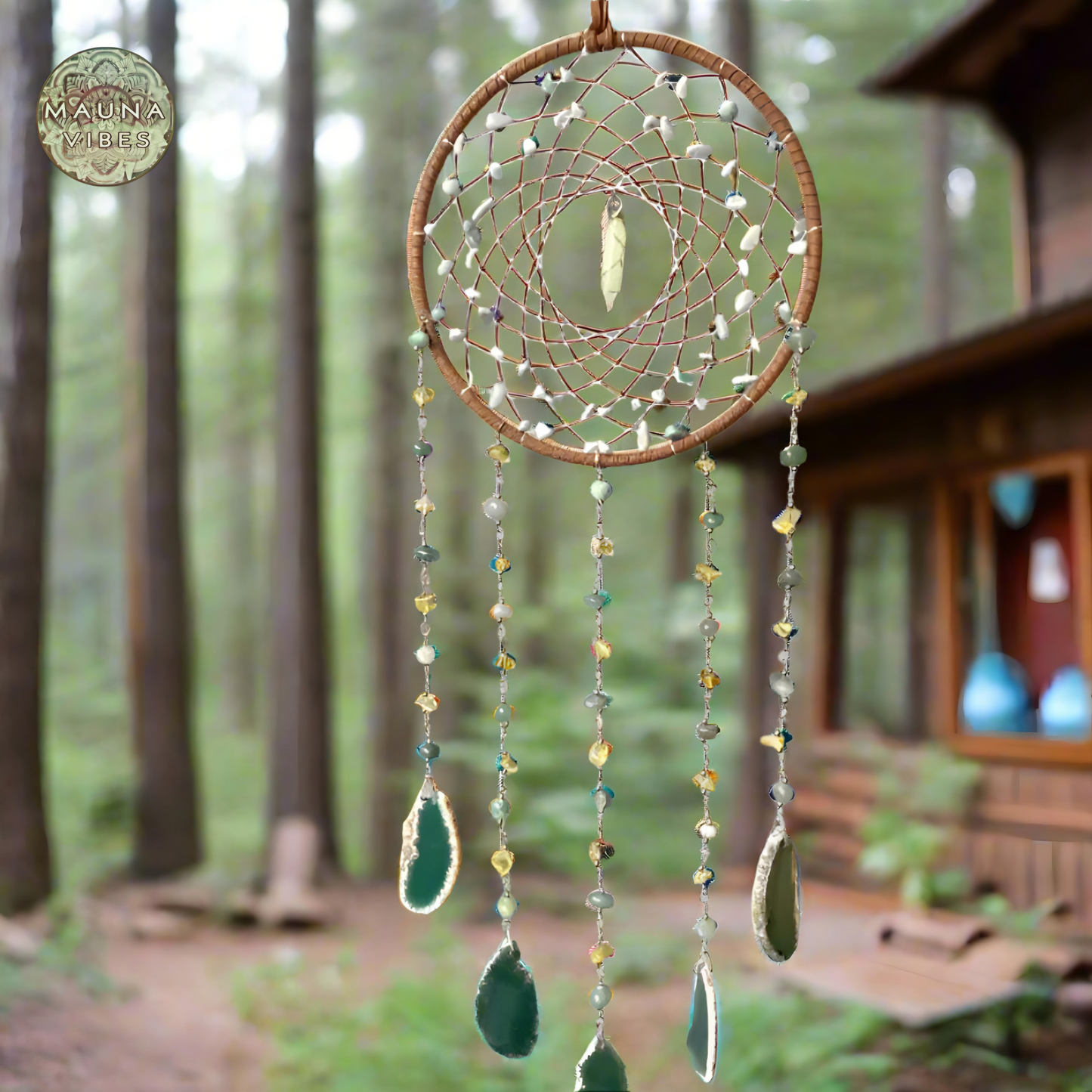 Apanhador de sonhos com pedra preciosa de ágata verde – 23,62 pol. (60 cm) Sino de vento e apanhador de sol para proteção de casa e jardim