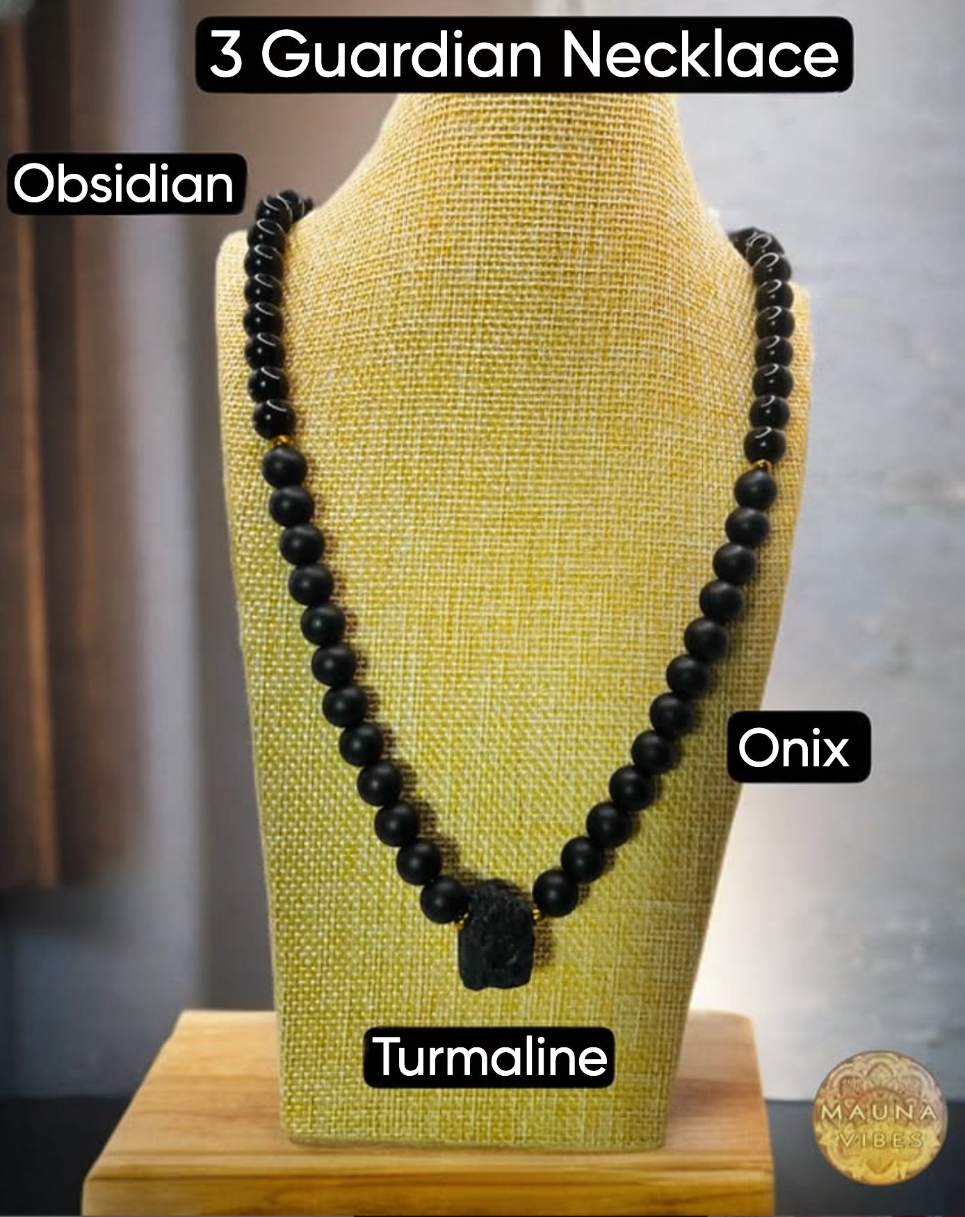 Colar de proteção com ônix, obsidiana e turmalina bruta – colar de miçangas de 10 mm
