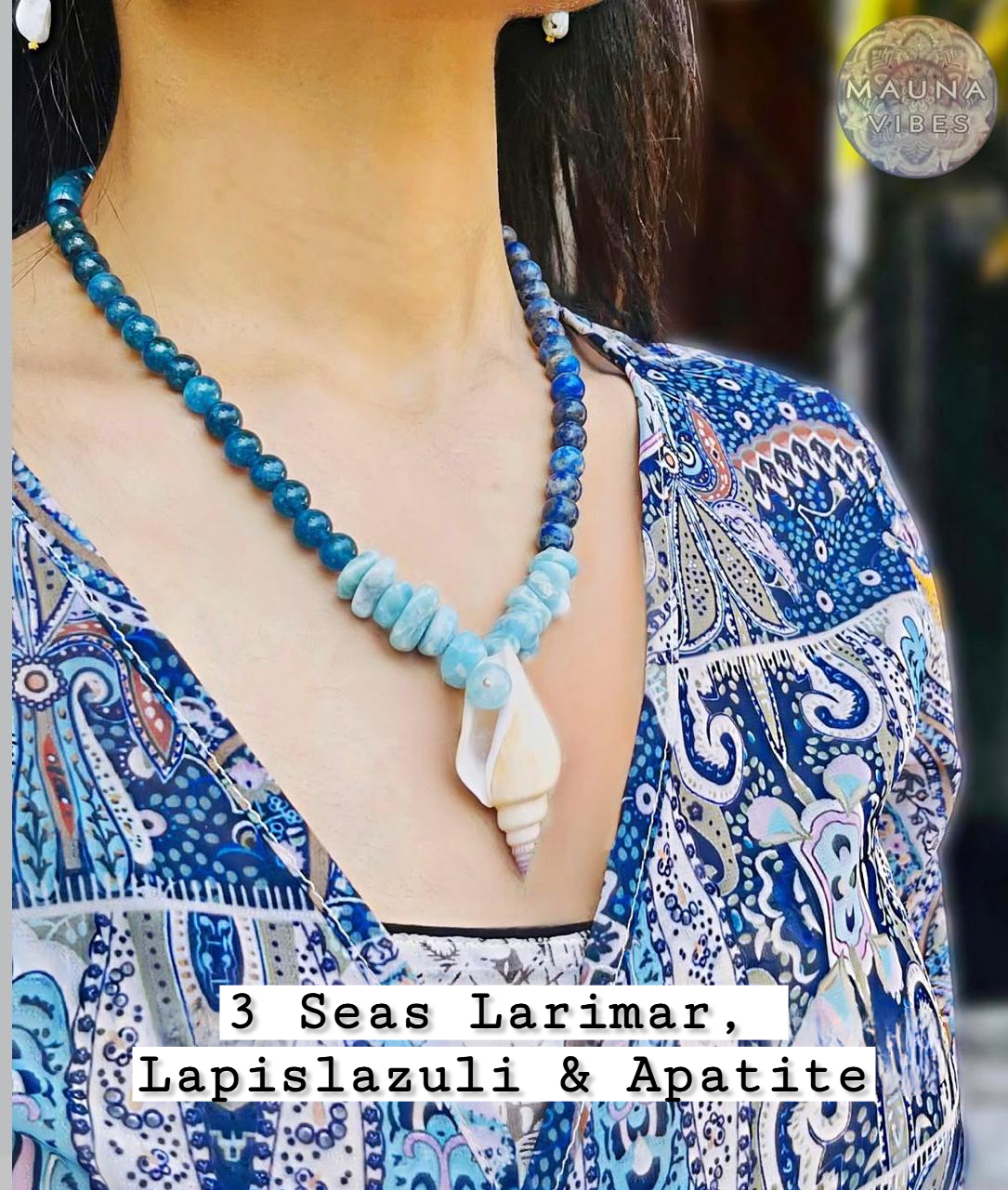 Larimar Necklace, "Three Seas Necklace with Larimar, Apatite, and Lapis Lazuli – handcrafted ocean-inspired gemstone jewelry with silver-plated seashell charm."