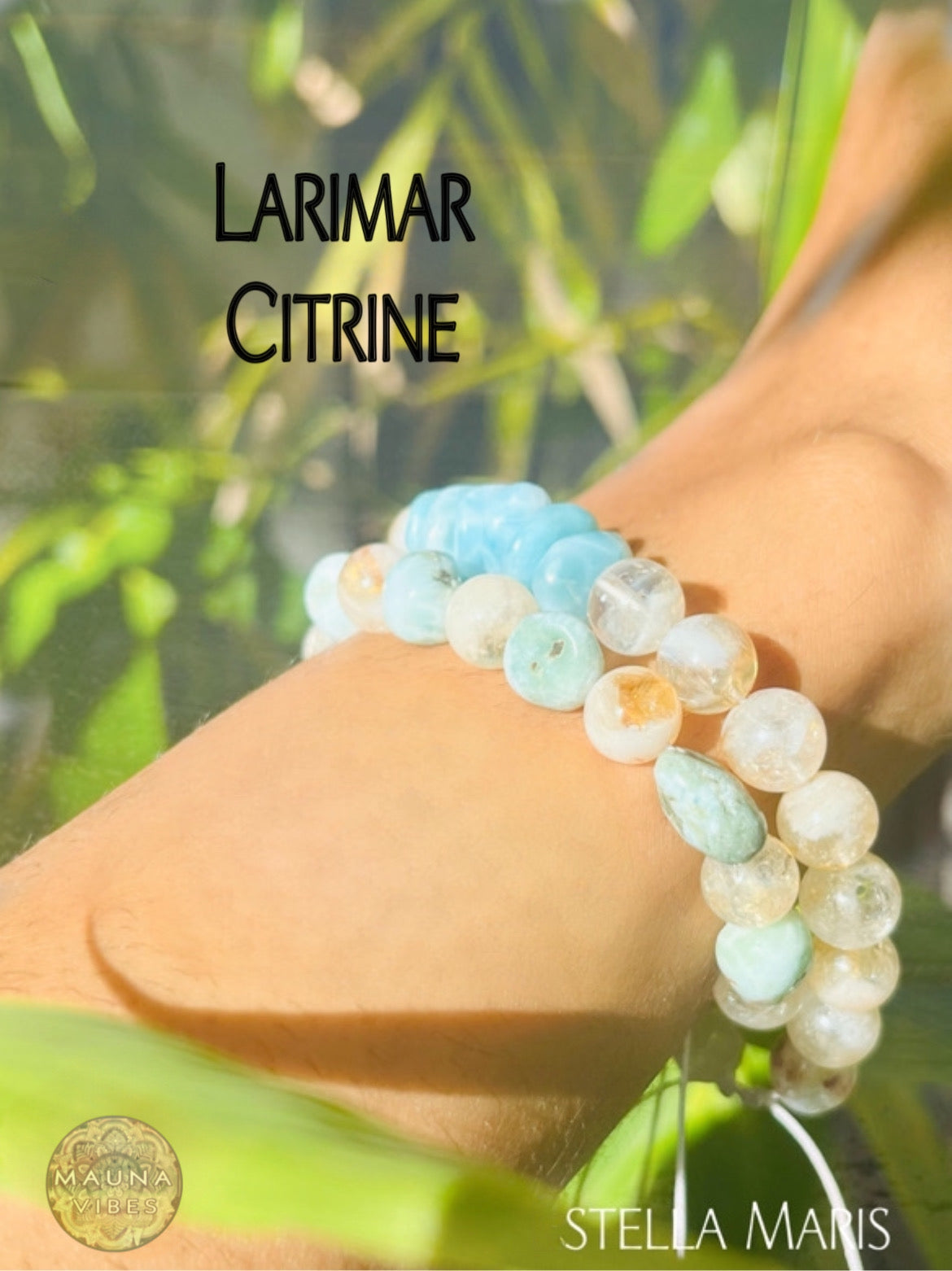 Conjunto de collar, pulsera y pendientes de larimar y citrino: piedras curativas espirituales para la prosperidad, la paz y el amor. Colección Stella Maris.
