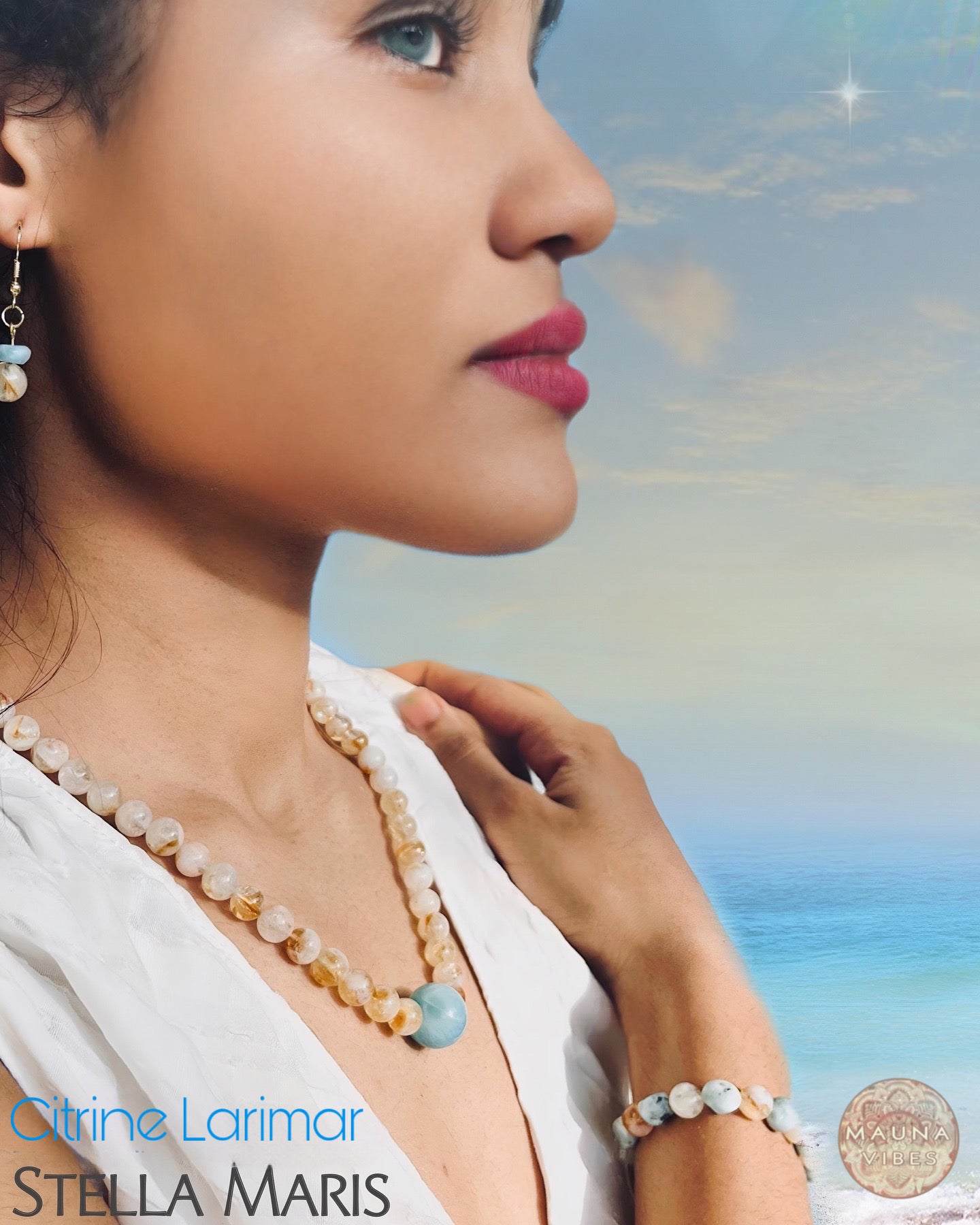 Conjunto de collar, pulsera y pendientes de larimar y citrino: piedras curativas espirituales para la prosperidad, la paz y el amor. Colección Stella Maris.