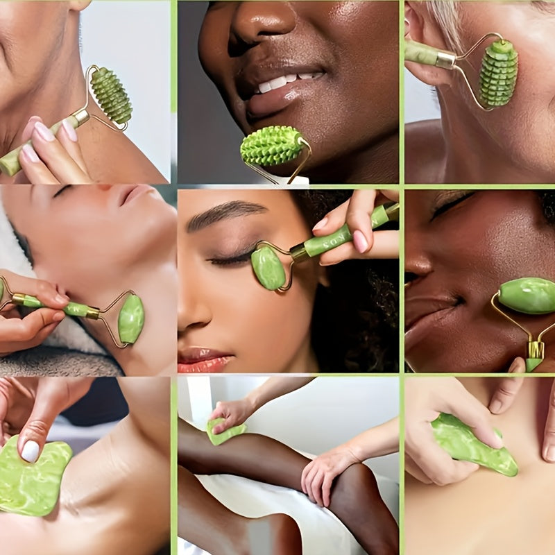 Masajeador de piedra natural para rostro, ojos, cuello y frente: juego de 3 rodillos de jade y Gua Sha | Antienvejecimiento y drenaje linfático | Cuidado de la piel ayurvédico