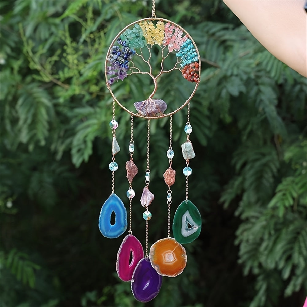 Colgante atrapasueños de los 7 chakras del Árbol de la Vida - Carillón de viento de cristal de amatista y ágata colorido hecho a mano para decoración de pared interior y exterior 🌳🌈💎✨