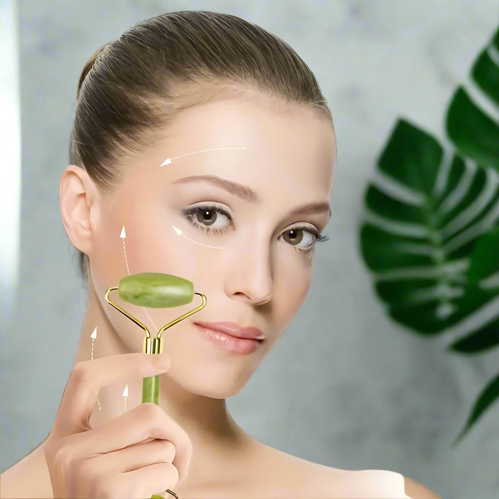 Masajeador de piedra natural para rostro, ojos, cuello y frente: juego de 3 rodillos de jade y Gua Sha | Antienvejecimiento y drenaje linfático | Cuidado de la piel ayurvédico