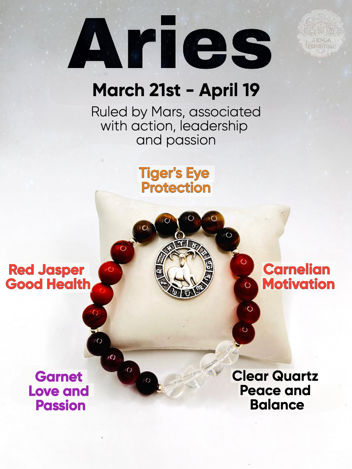 Aries Zodiac Bracelet – Tiger’s Eye, Red Jasper, Garnet, Carnelian & Clear Quartz