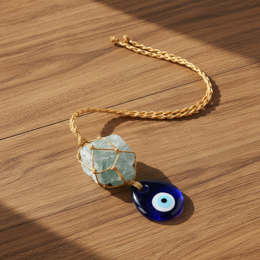 Necklace with green stone pendant and blue evil eye charm on a magazine page