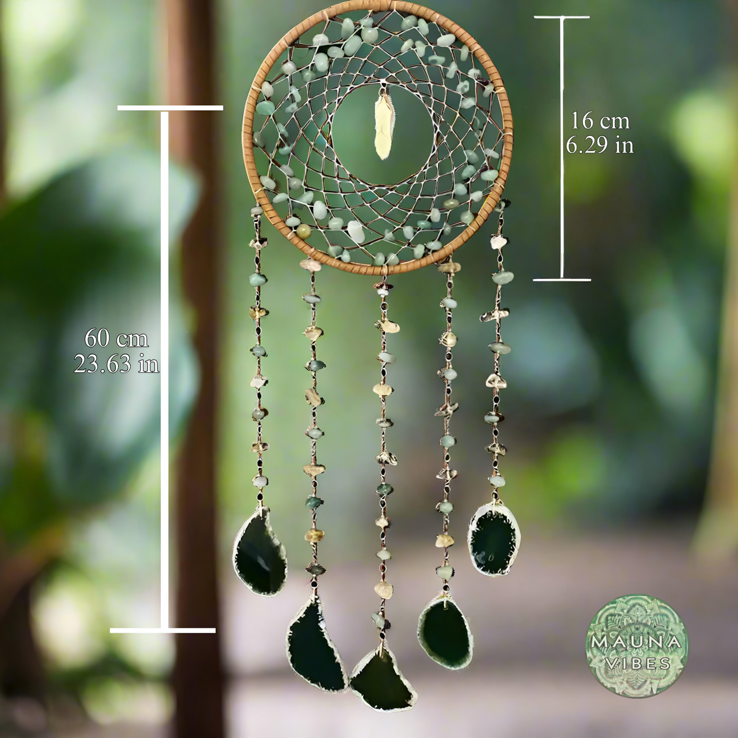 Apanhador de sonhos com pedra preciosa de ágata verde – 23,62 pol. (60 cm) Sino de vento e apanhador de sol para proteção de casa e jardim