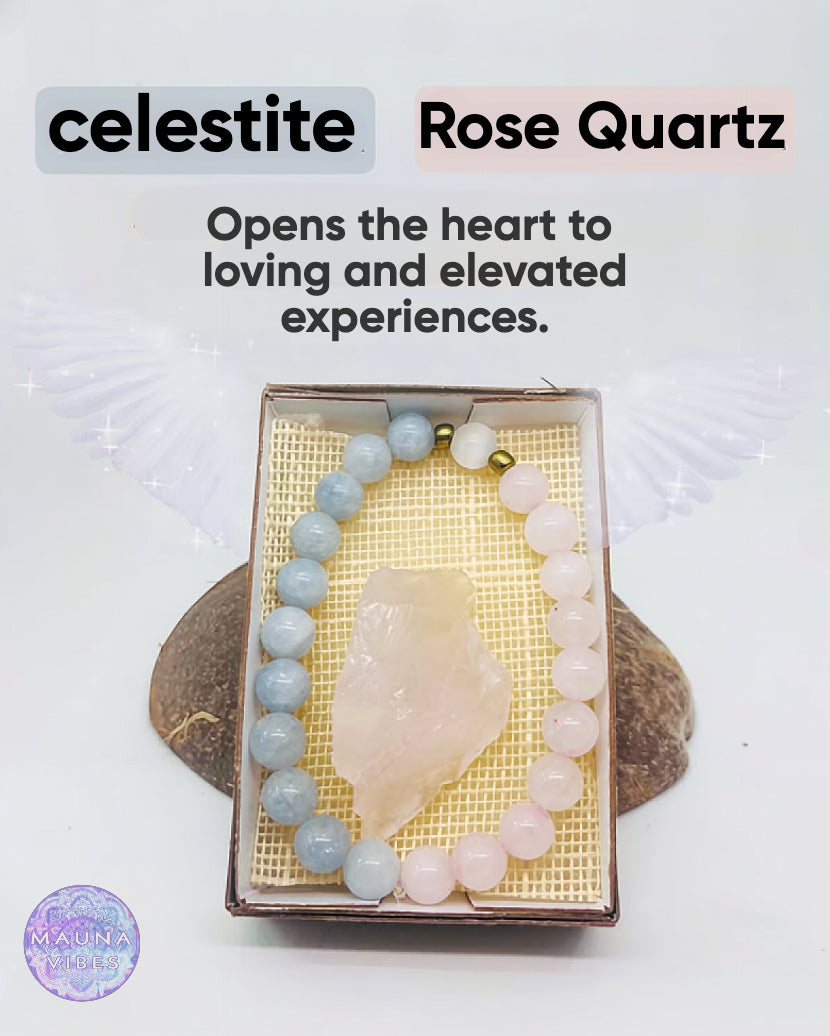 Pulsera de celestita y cuarzo rosa: piedras preciosas naturales de 8 mm para la paz, el amor y la sanación emocional | Joyería espiritual relajante