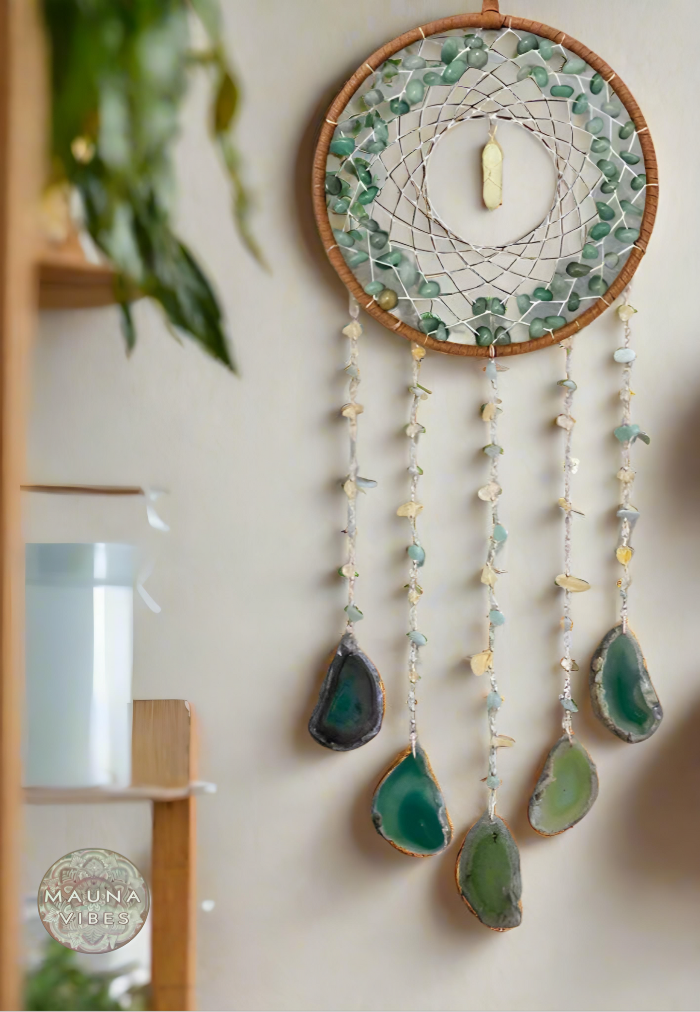 Apanhador de sonhos com pedra preciosa de ágata verde – 23,62 pol. (60 cm) Sino de vento e apanhador de sol para proteção de casa e jardim