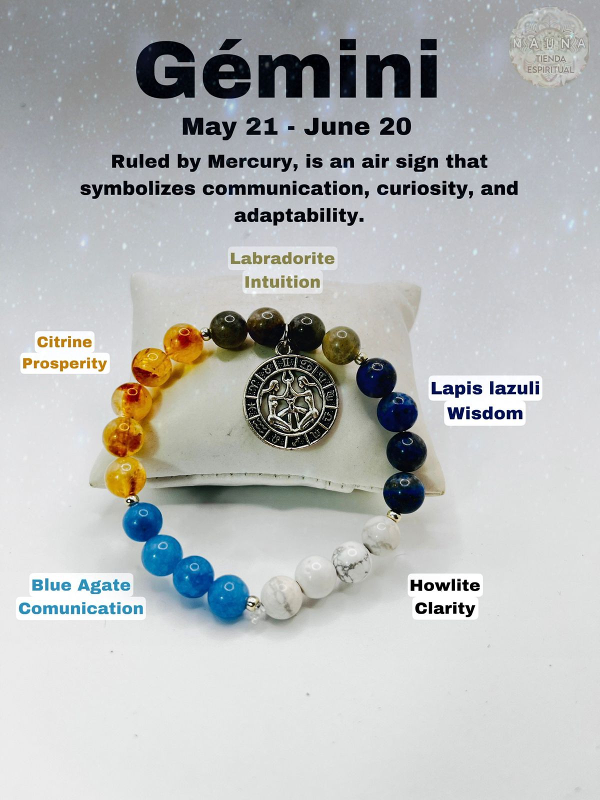 ♊ Gemini
Citrine, White Howlite, Blue Agate, Lapis Lazuli, Labradorite
Clear communication, mental balance, and creativity.