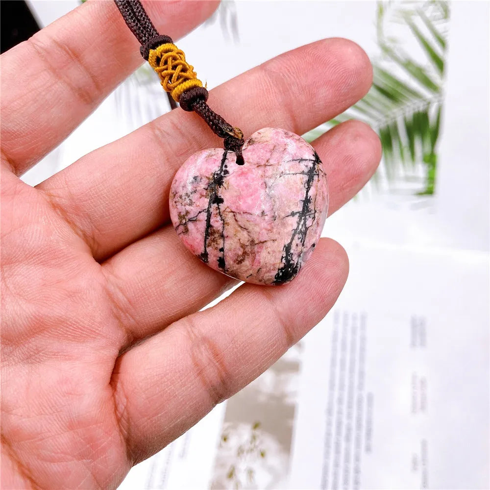 Heart-Shaped Rhodonite Crystal Pendant – Natural Stone Necklace for Love & Emotional Healing (Unisex)