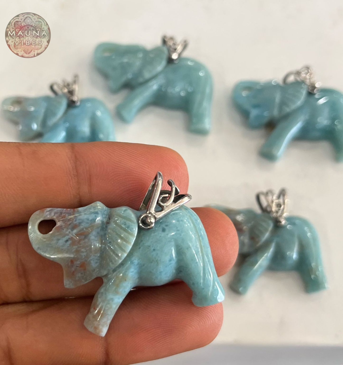 Larimar Elephant Pendant Necklace – 925 Sterling Silver – Genuine Dominican Larimar Stone