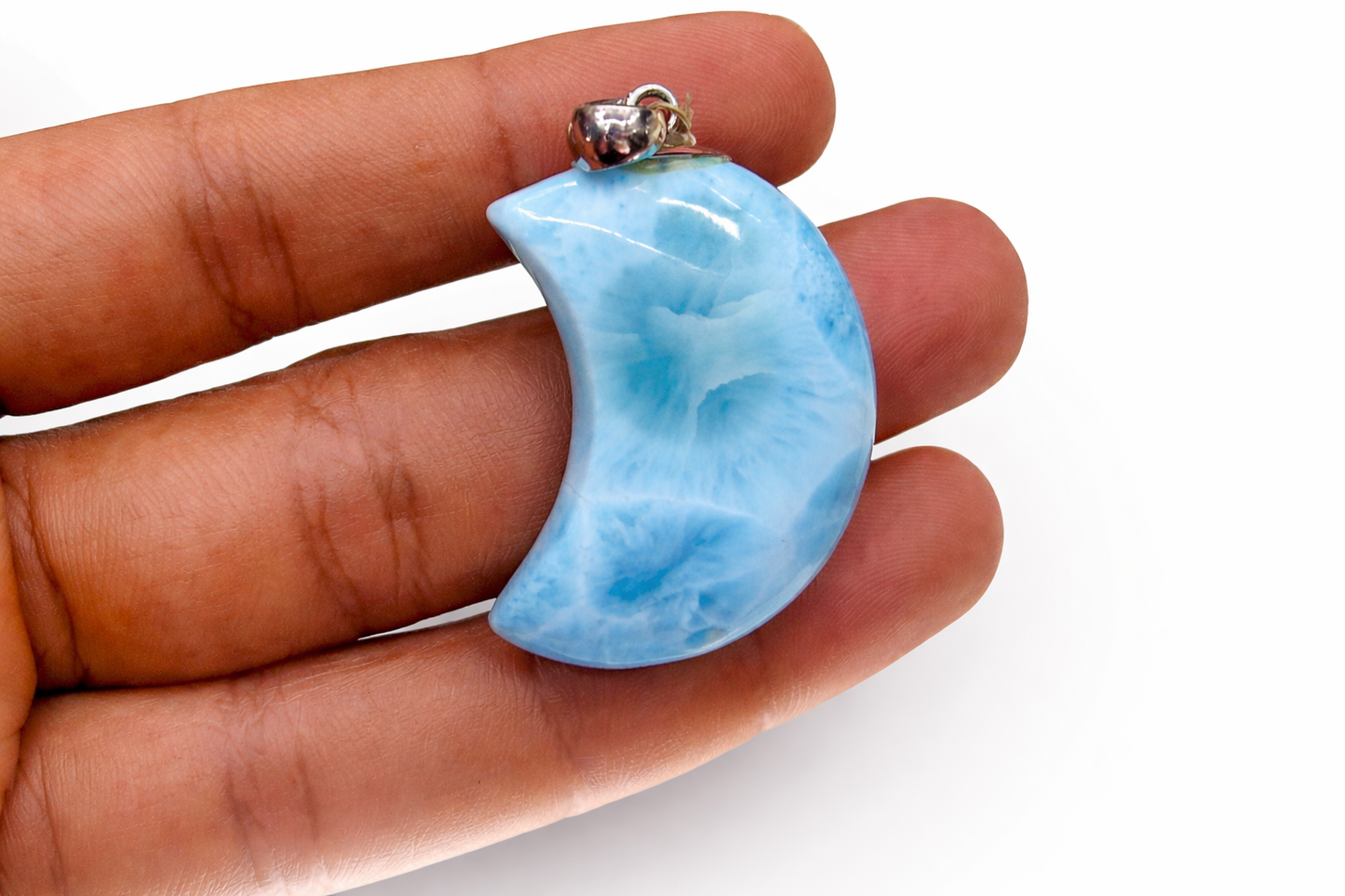 Larimar Crescent Moon Pendants – Dominican Blue Stone, 925 Sterling Silver Bail.