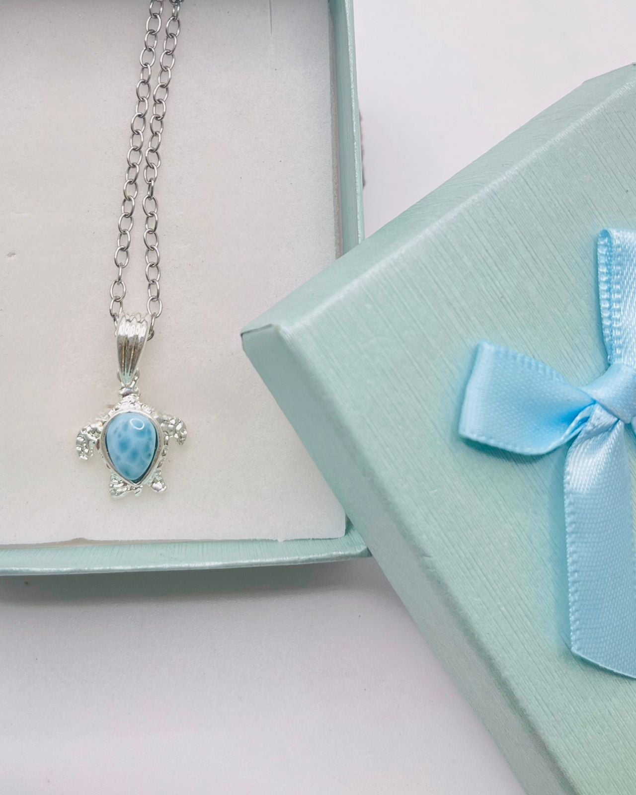 Larimar Turtle Pendant Necklace – Genuine Dominican Larimar Jewelry, Ocean Necklace, Handmade Gift for Women