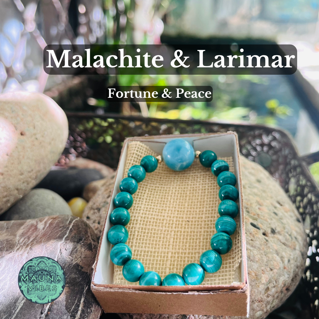 Pulsera Para La Fortuna con Pidreas Larimar y Malaquita: Pulsera de piedras preciosas naturales de 8 mm de calidad AAA para la sanción emocional, el alivio del estrés y la transformación.