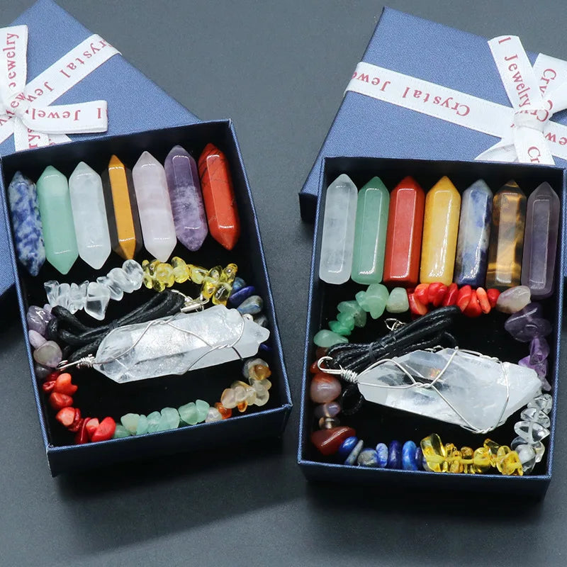 Natural Healing Quartz 7 Chakras Reiki Stones Mineral Collection Pendant Bracelet Necklace Jewelry Spiritual Products Gift Box