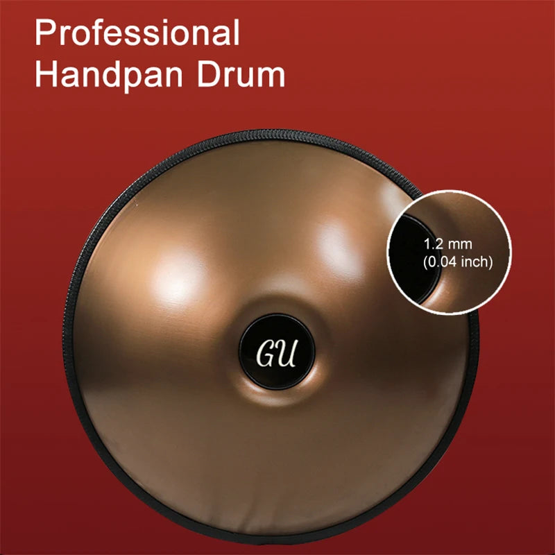 Tambor Handpan em Ré menor curdo – 9, 10 ou 12 notas (440 Hz) – Tambor de mão de aço de 22” com borda de vime trançado – Perfeito para cura sonora, ioga e meditação.