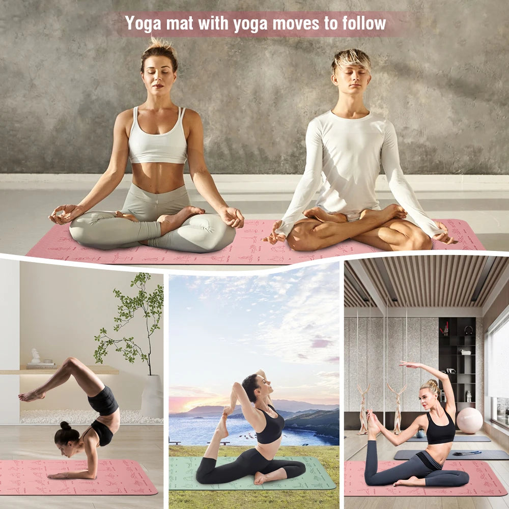 Tapete de ioga e pilates de alta qualidade, ecológico, com poses impressas – Tapete de exercícios antiderrapante TPE de 6 mm para casa e estúdio – Verde menta ou rosa claro – 183 x 57 cm