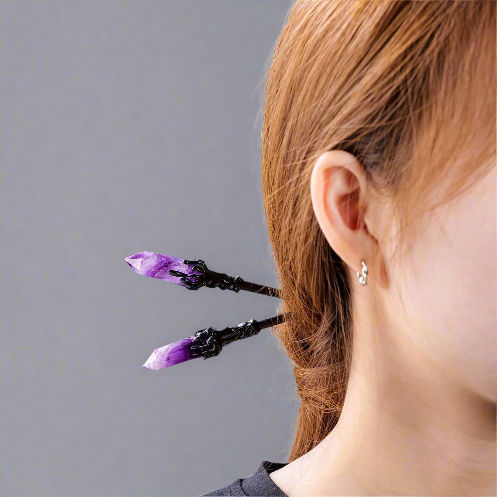 Horquilla con piedras preciosas de cristal: accesorio espiritual para el cabello con amatista, cuarzo cristal y fluorita.