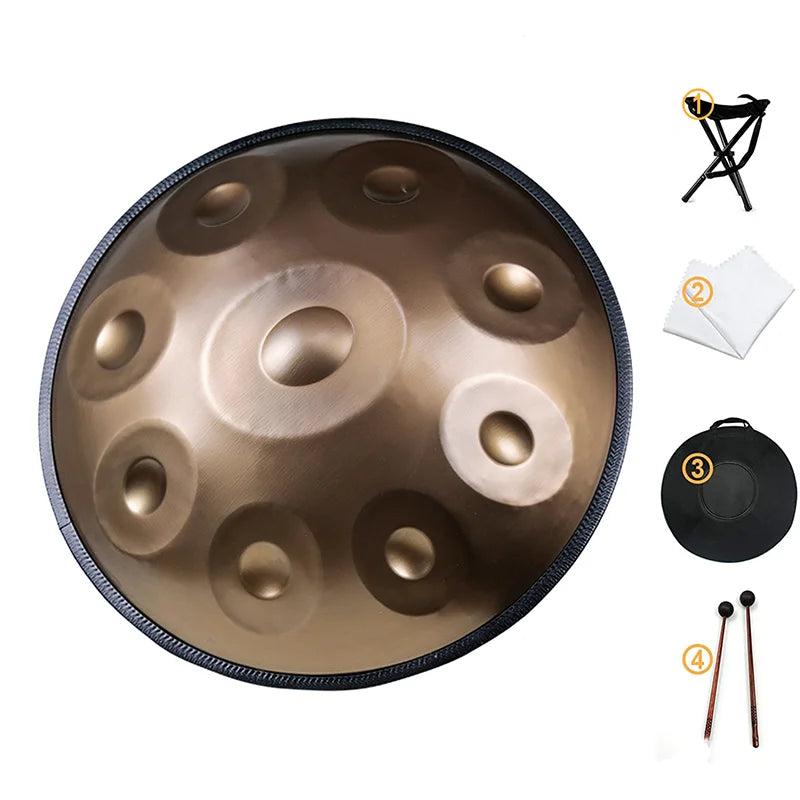 Tambor Handpan em Ré menor curdo – 9, 10 ou 12 notas (440 Hz) – Tambor de mão de aço de 22” com borda de vime trançado – Perfeito para cura sonora, ioga e meditação.