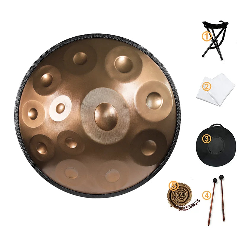 Tambor Handpan em Ré menor curdo – 9, 10 ou 12 notas (440 Hz) – Tambor de mão de aço de 22” com borda de vime trançado – Perfeito para cura sonora, ioga e meditação.
