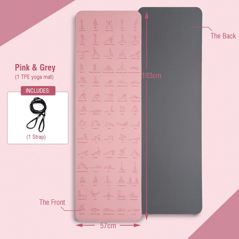 Tapete de ioga e pilates de alta qualidade, ecológico, com poses impressas – Tapete de exercícios antiderrapante TPE de 6 mm para casa e estúdio – Verde menta ou rosa claro – 183 x 57 cm