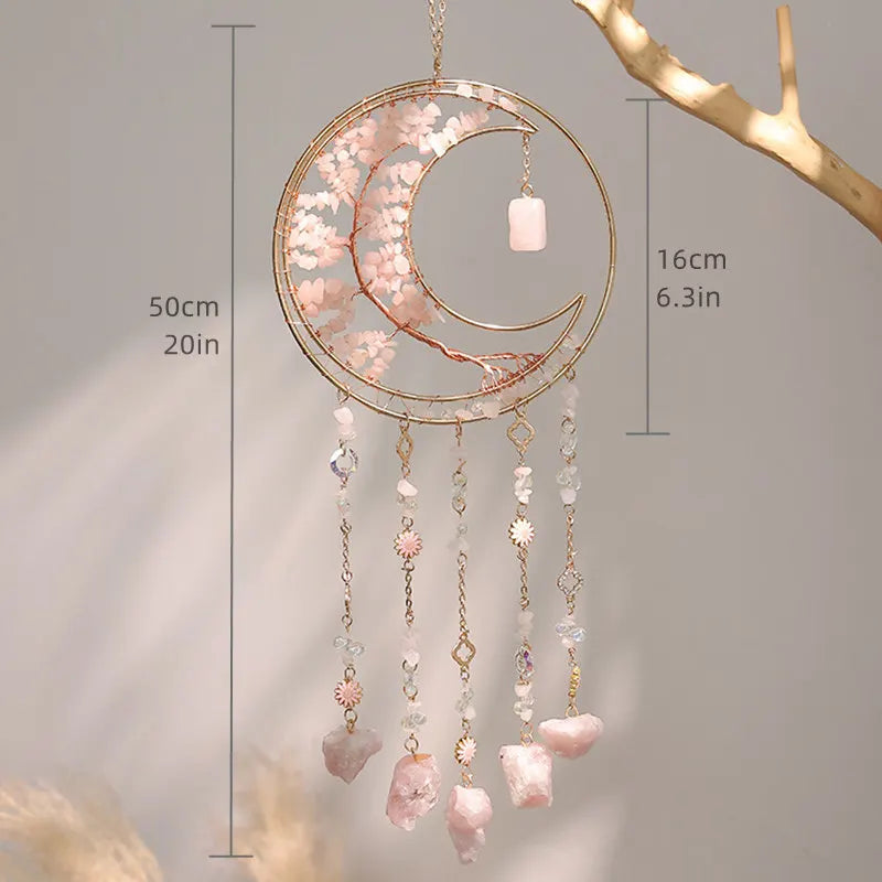 Moon & Tree of Life Crystal Suncatcher – Crescent Moon Hanging Decor with Natural Gemstones, Spiritual Window Ornament, Boho Home Decor