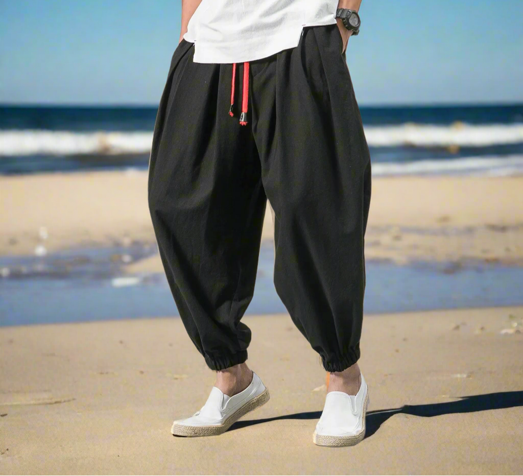 Pantalones de yoga estilo harén bohemio para hombre: pantalones holgados de verano de seda helada para meditación, ejercicio y ropa informal | Pantalones zanahoria de inspiración asiática