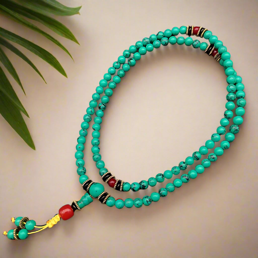 Pulsera/collar Mala de turquesa y howlita con 108 cuentas: cuentas de 6 mm para meditación, manifestación y curación.