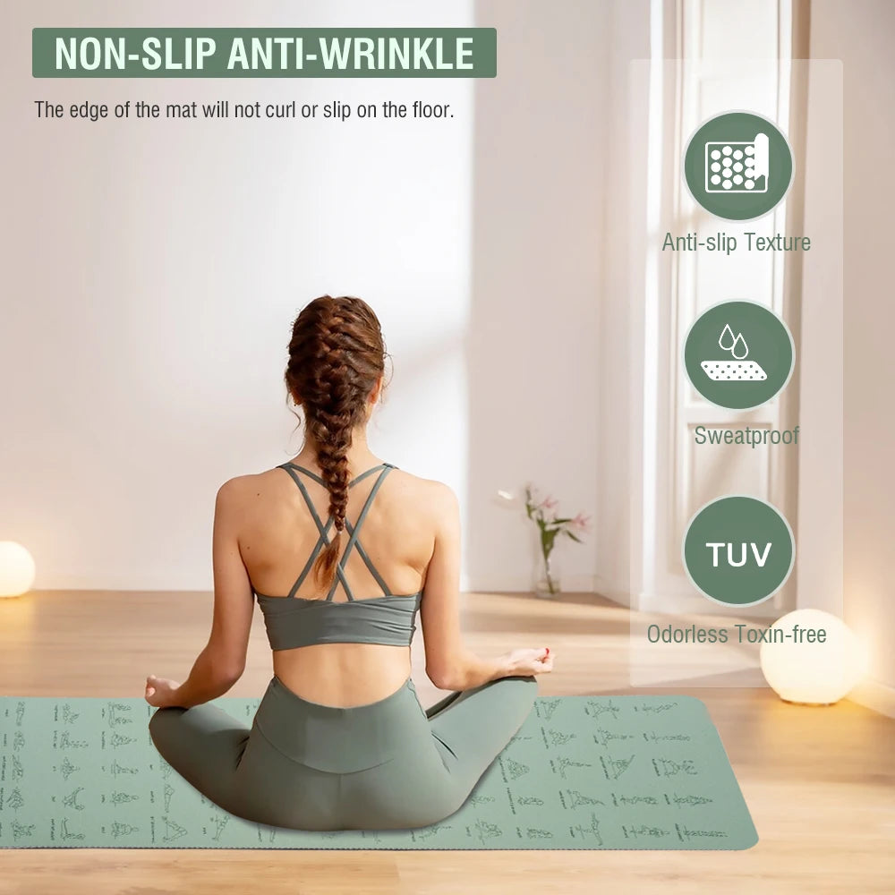 Tapete de ioga e pilates de alta qualidade, ecológico, com poses impressas – Tapete de exercícios antiderrapante TPE de 6 mm para casa e estúdio – Verde menta ou rosa claro – 183 x 57 cm