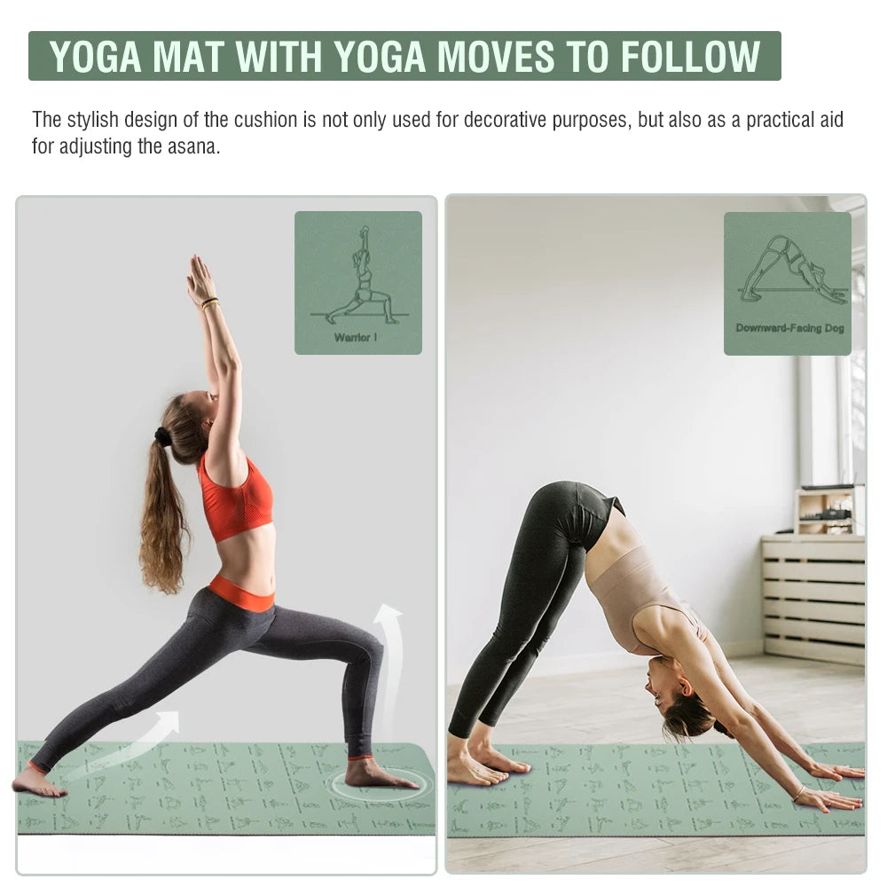 Tapete de ioga e pilates de alta qualidade, ecológico, com poses impressas – Tapete de exercícios antiderrapante TPE de 6 mm para casa e estúdio – Verde menta ou rosa claro – 183 x 57 cm