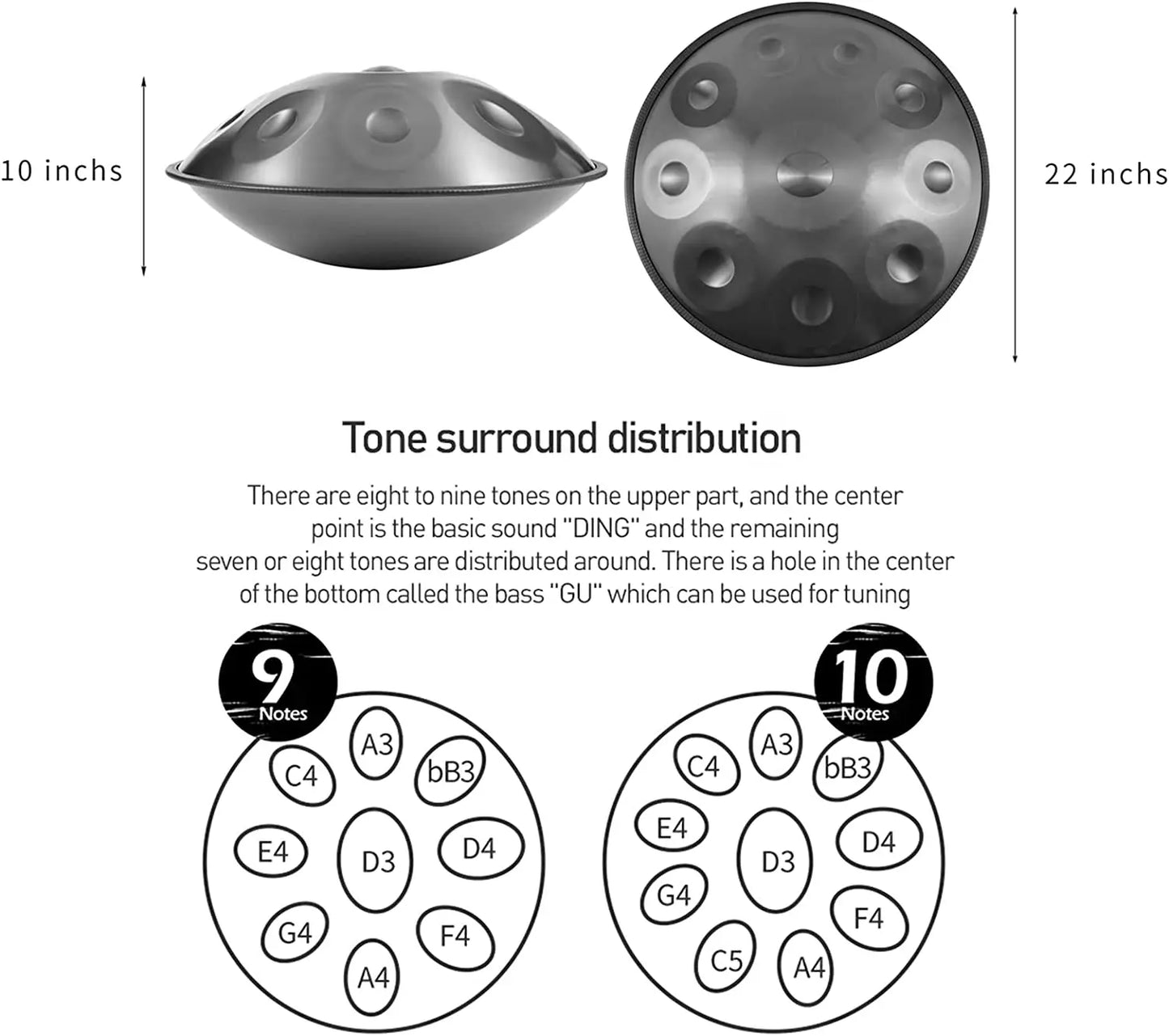 Tambor Handpan em Ré menor curdo – 9, 10 ou 12 notas (440 Hz) – Tambor de mão de aço de 22” com borda de vime trançado – Perfeito para cura sonora, ioga e meditação.