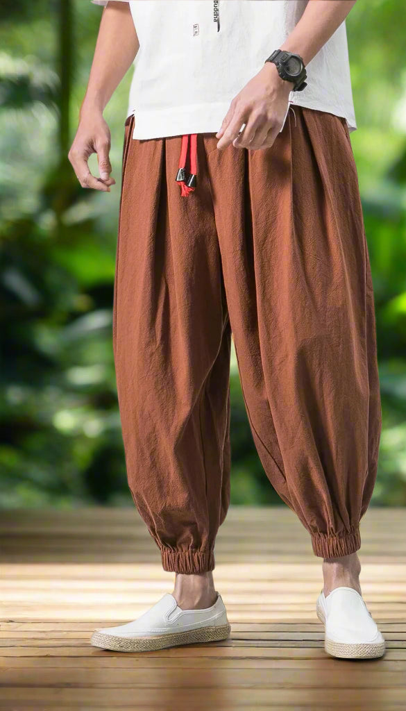 Pantalones de yoga estilo harén bohemio para hombre: pantalones holgados de verano de seda helada para meditación, ejercicio y ropa informal | Pantalones zanahoria de inspiración asiática
