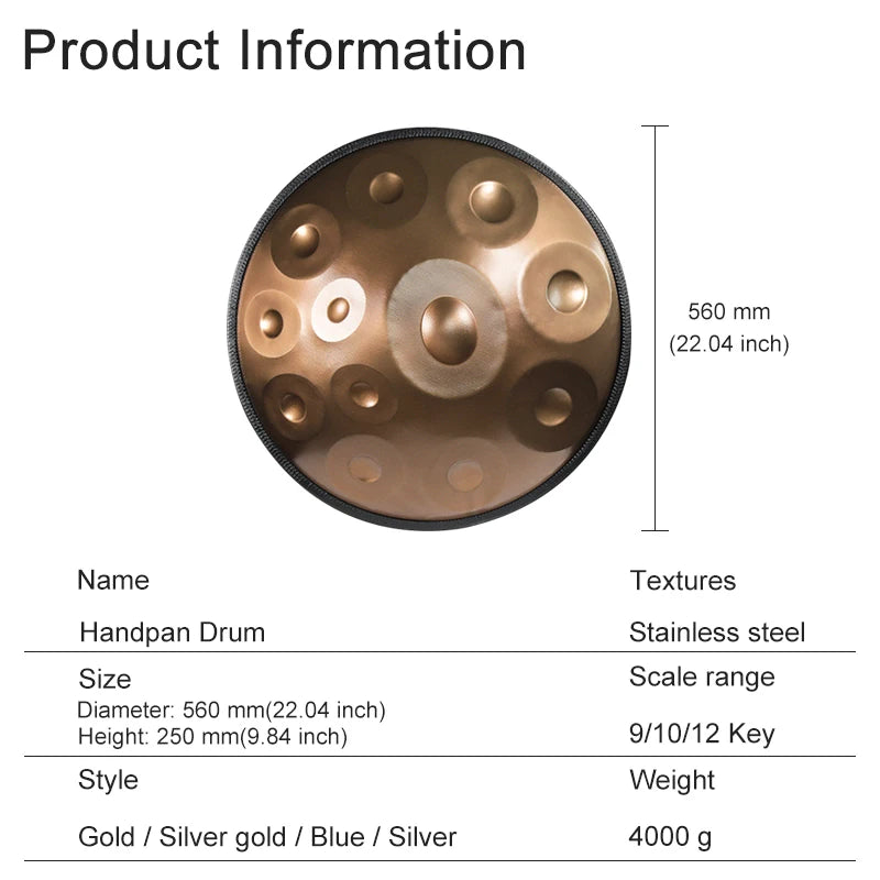Tambor Handpan em Ré menor curdo – 9, 10 ou 12 notas (440 Hz) – Tambor de mão de aço de 22” com borda de vime trançado – Perfeito para cura sonora, ioga e meditação.