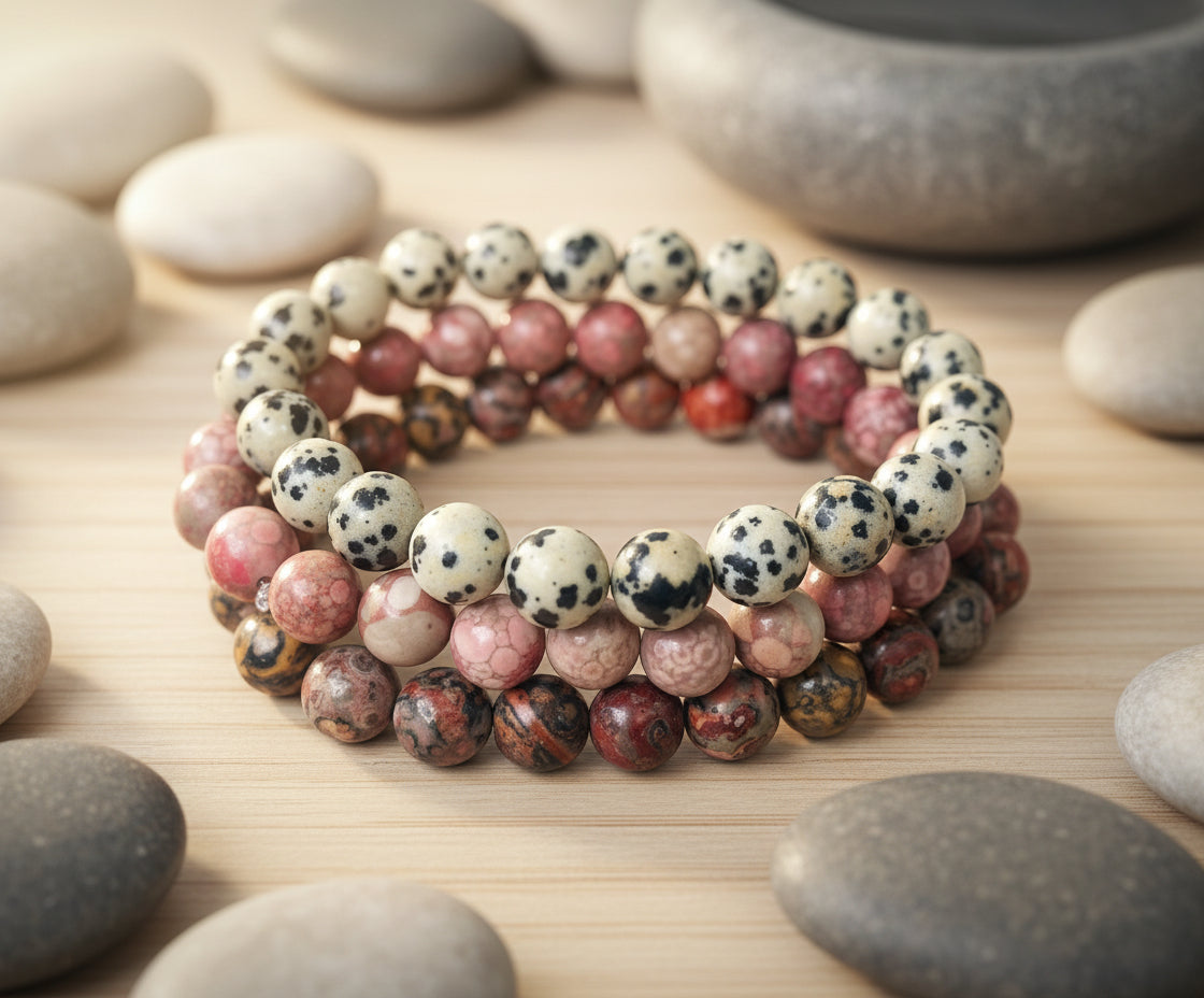 Stack of multicolored beaded bracelets on a textured surface with blurred greenery in the background.
