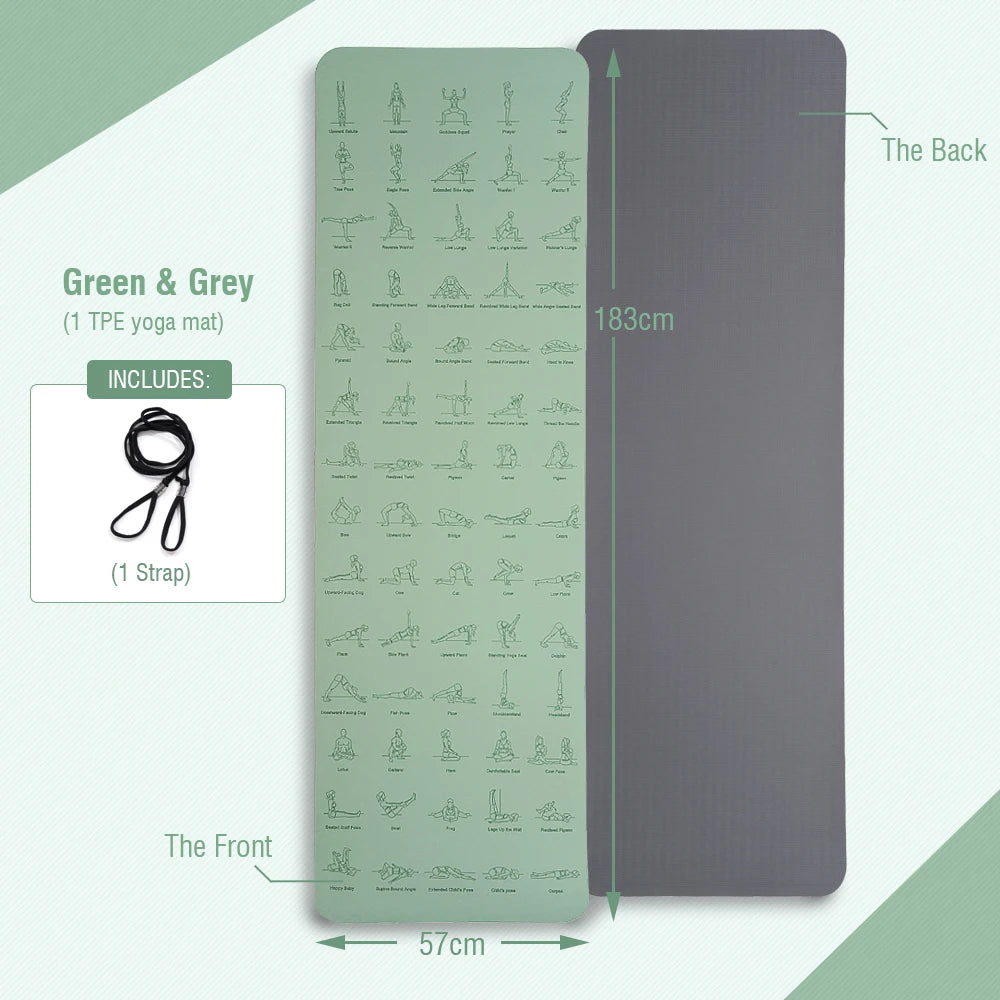 Tapete de ioga e pilates de alta qualidade, ecológico, com poses impressas – Tapete de exercícios antiderrapante TPE de 6 mm para casa e estúdio – Verde menta ou rosa claro – 183 x 57 cm