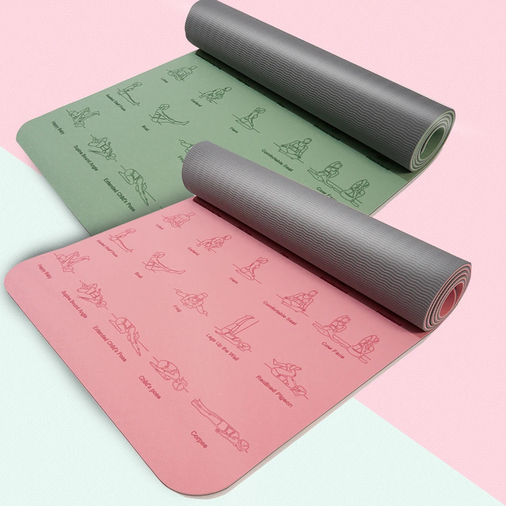 Tapete de ioga e pilates de alta qualidade, ecológico, com poses impressas – Tapete de exercícios antiderrapante TPE de 6 mm para casa e estúdio – Verde menta ou rosa claro – 183 x 57 cm