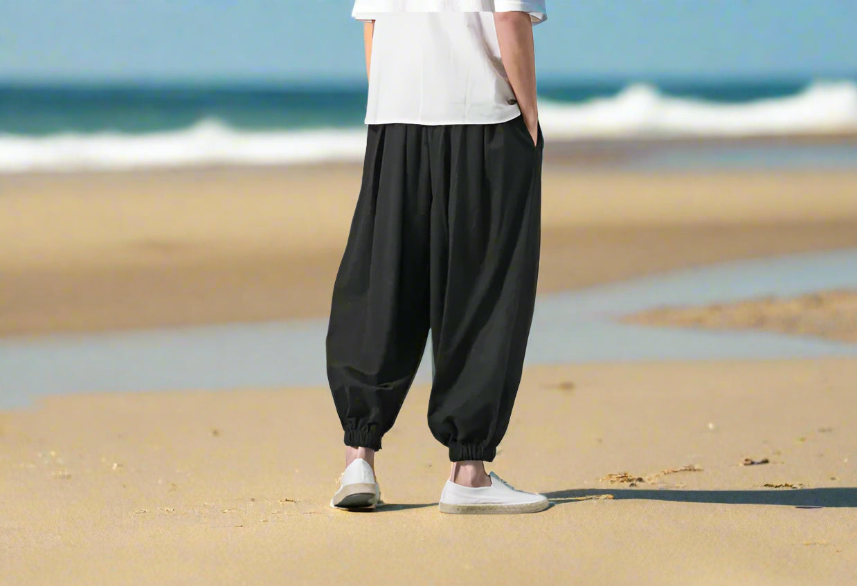 Pantalones de yoga estilo harén bohemio para hombre: pantalones holgados de verano de seda helada para meditación, ejercicio y ropa informal | Pantalones zanahoria de inspiración asiática