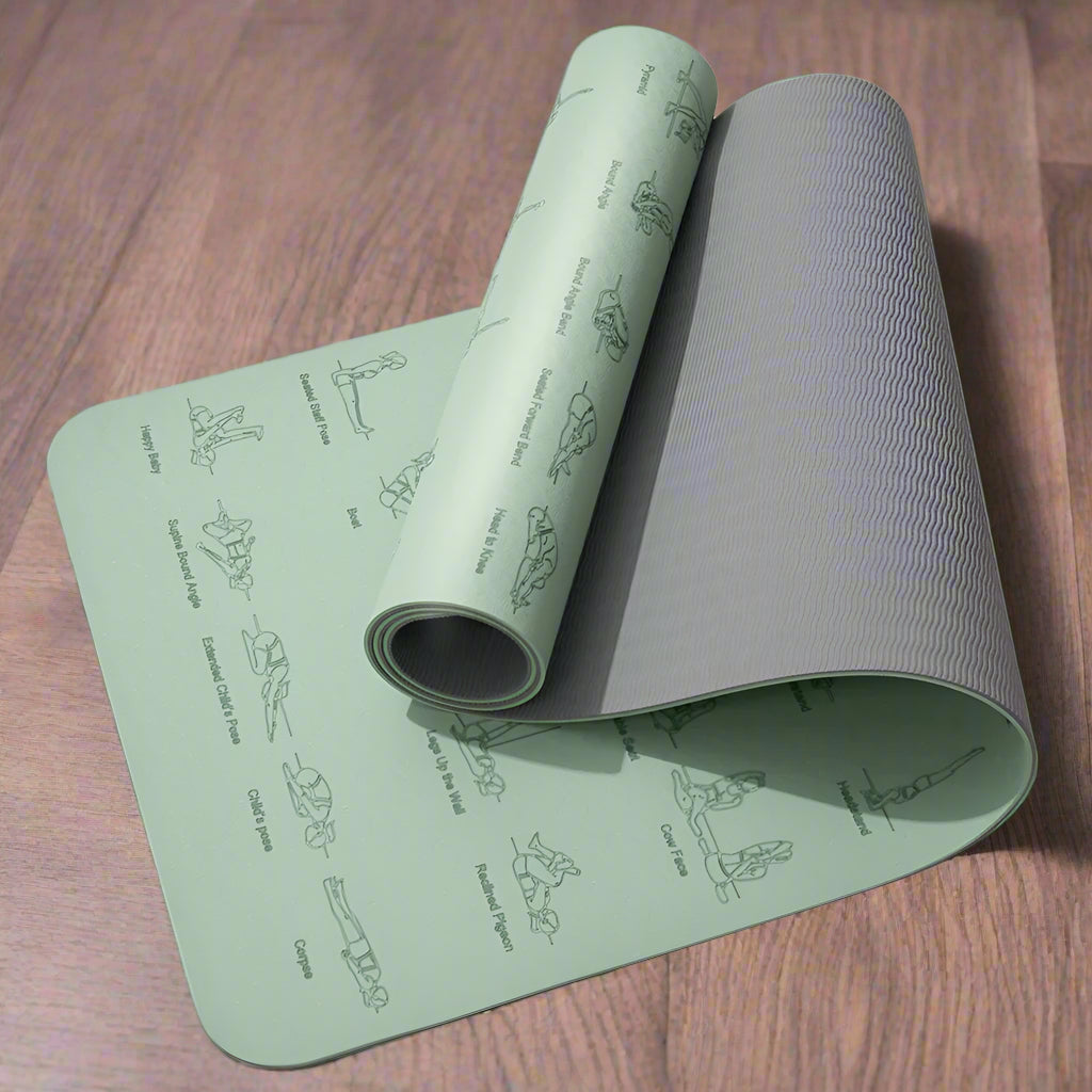 Tapete de ioga e pilates de alta qualidade, ecológico, com poses impressas – Tapete de exercícios antiderrapante TPE de 6 mm para casa e estúdio – Verde menta ou rosa claro – 183 x 57 cm