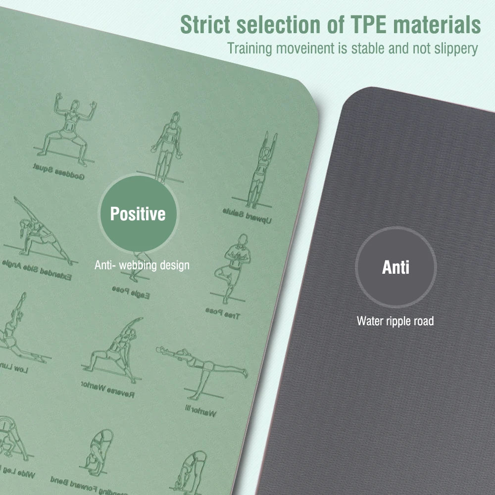 Tapete de ioga e pilates de alta qualidade, ecológico, com poses impressas – Tapete de exercícios antiderrapante TPE de 6 mm para casa e estúdio – Verde menta ou rosa claro – 183 x 57 cm