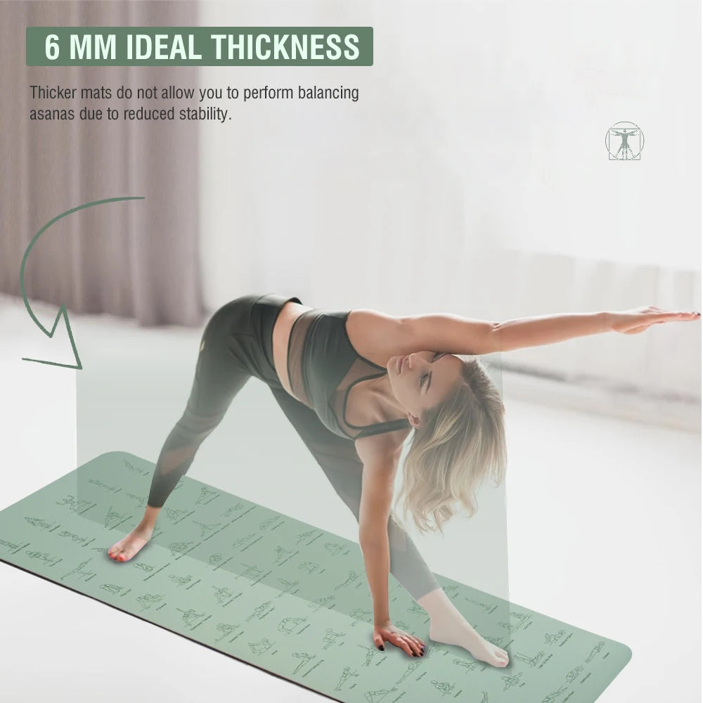 Tapete de ioga e pilates de alta qualidade, ecológico, com poses impressas – Tapete de exercícios antiderrapante TPE de 6 mm para casa e estúdio – Verde menta ou rosa claro – 183 x 57 cm