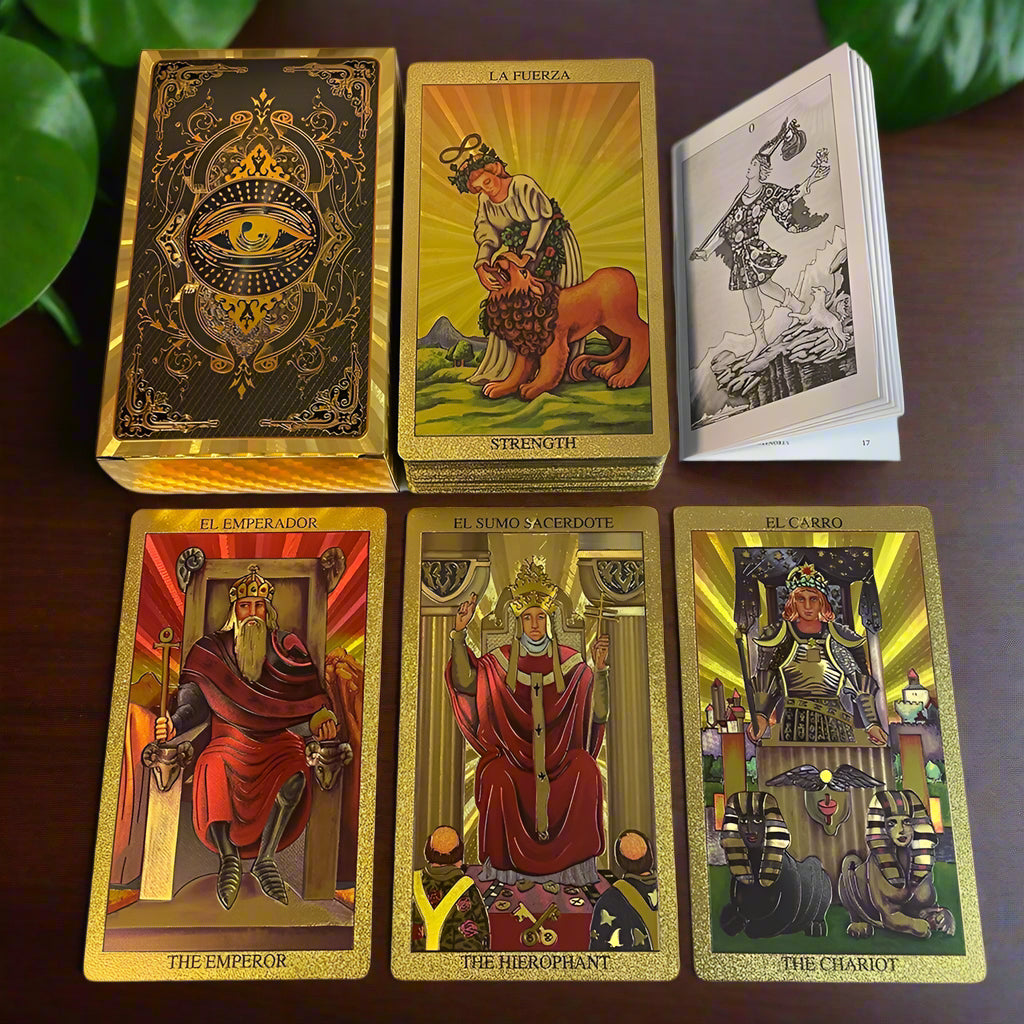Baraja de Tarot El Loco – 78 Cartas Doradas en Español e Inglés – Incluye Guía Física para Principiantes y Expertos.