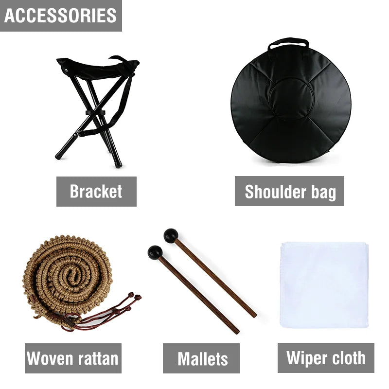 Tambor Handpan em Ré menor curdo – 9, 10 ou 12 notas (440 Hz) – Tambor de mão de aço de 22” com borda de vime trançado – Perfeito para cura sonora, ioga e meditação.