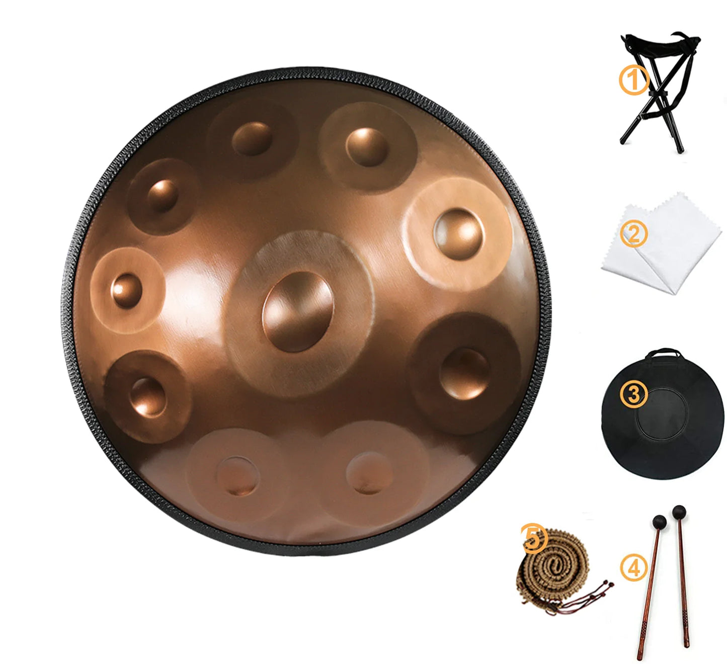 Tambor Handpan em Ré menor curdo – 9, 10 ou 12 notas (440 Hz) – Tambor de mão de aço de 22” com borda de vime trançado – Perfeito para cura sonora, ioga e meditação.