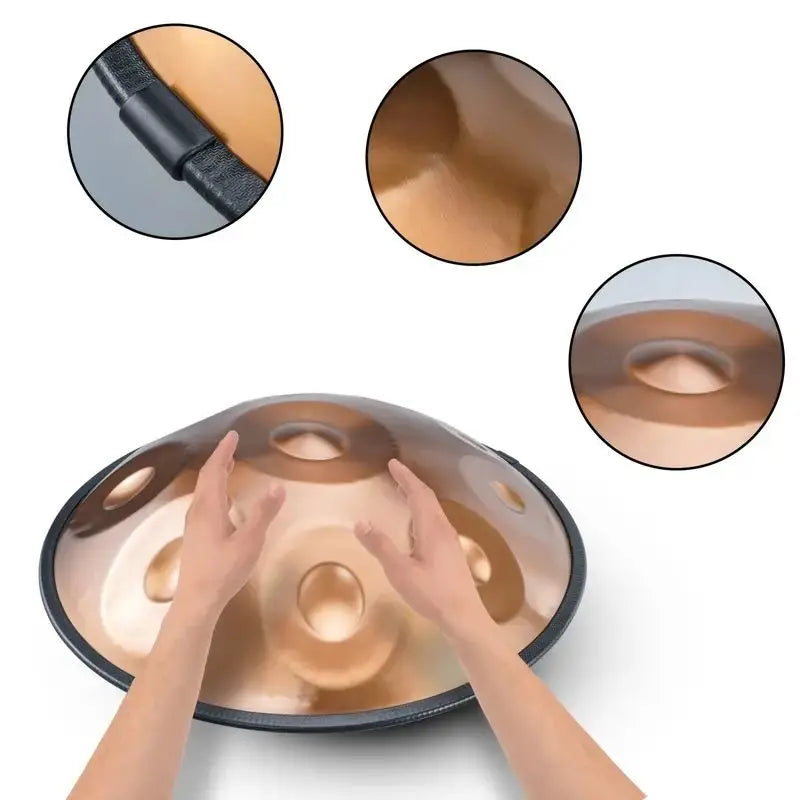 Tambor Handpan em Ré menor curdo – 9, 10 ou 12 notas (440 Hz) – Tambor de mão de aço de 22” com borda de vime trançado – Perfeito para cura sonora, ioga e meditação.