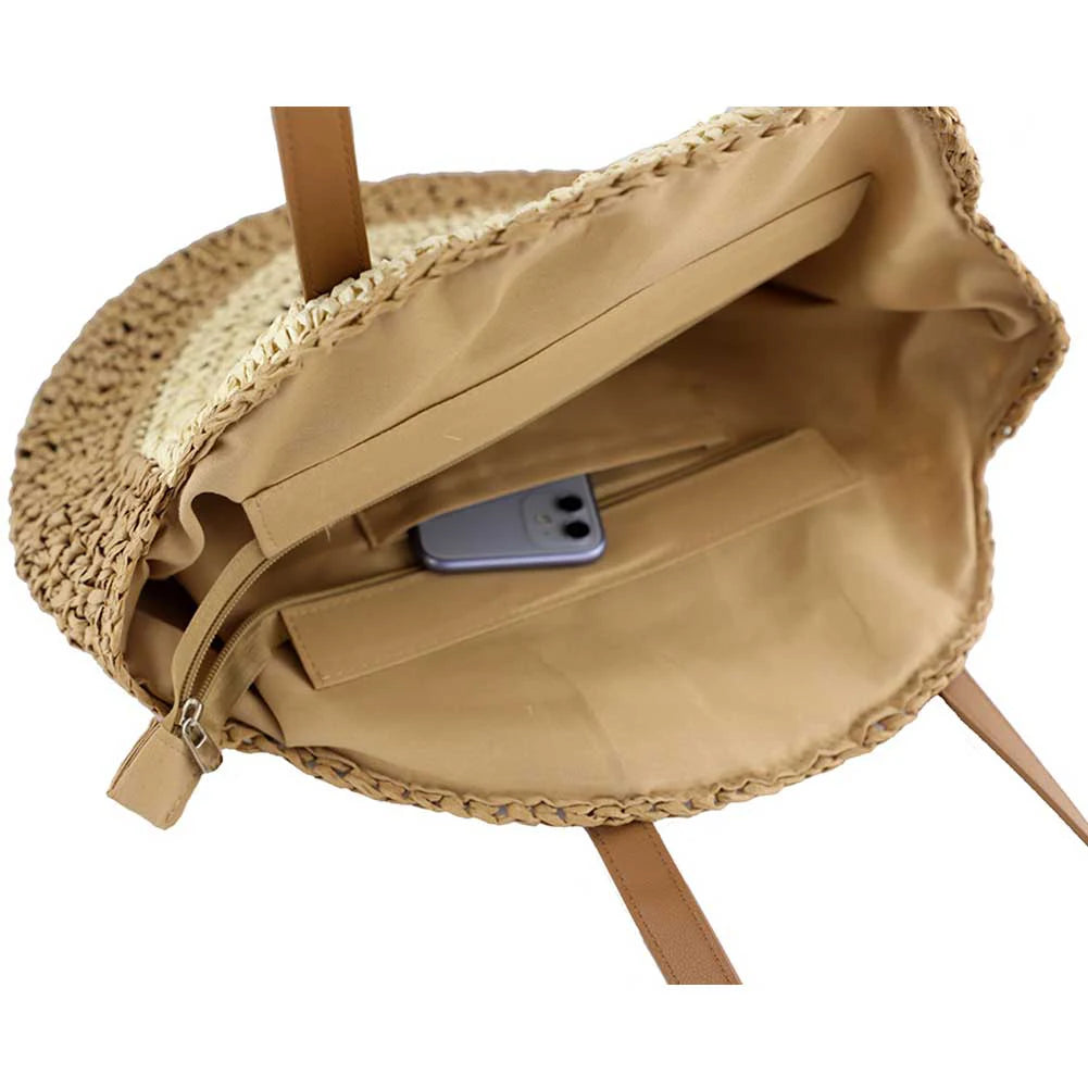 Bolso de playa bohemio de paja para mujer: un bolso con un toque de color para viajes y días de playa.