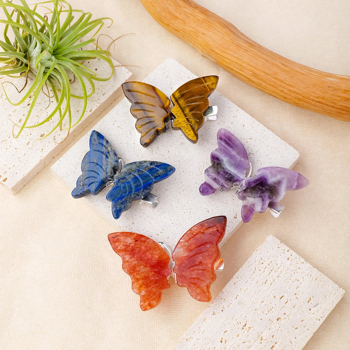 Crystal Gemstone Butterfly Hair Clip – Carved Natural Stones for Elegant Women’s Hairstyles