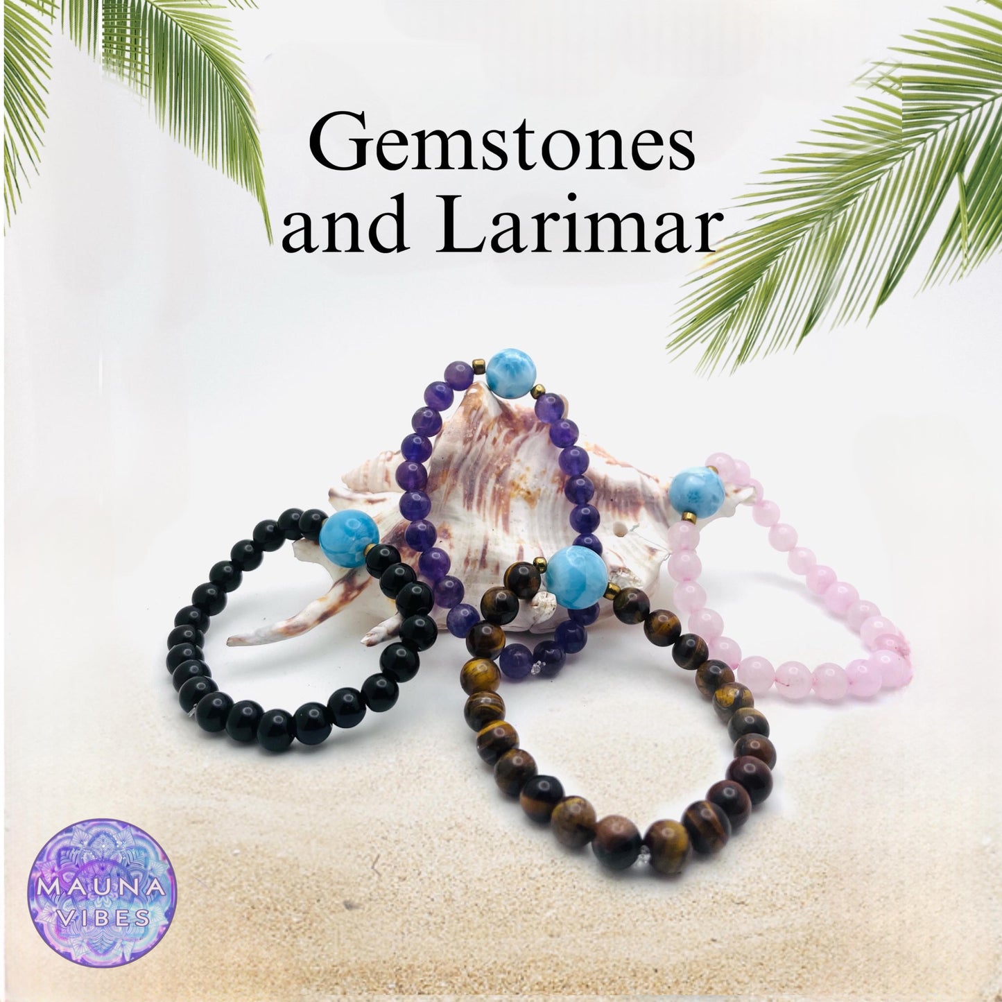 Coleção de pulseiras Larimar com quartzo rosa, ametista, olho de tigre e obsidiana | Joias de cristal com pedras preciosas para equilíbrio e proteção.